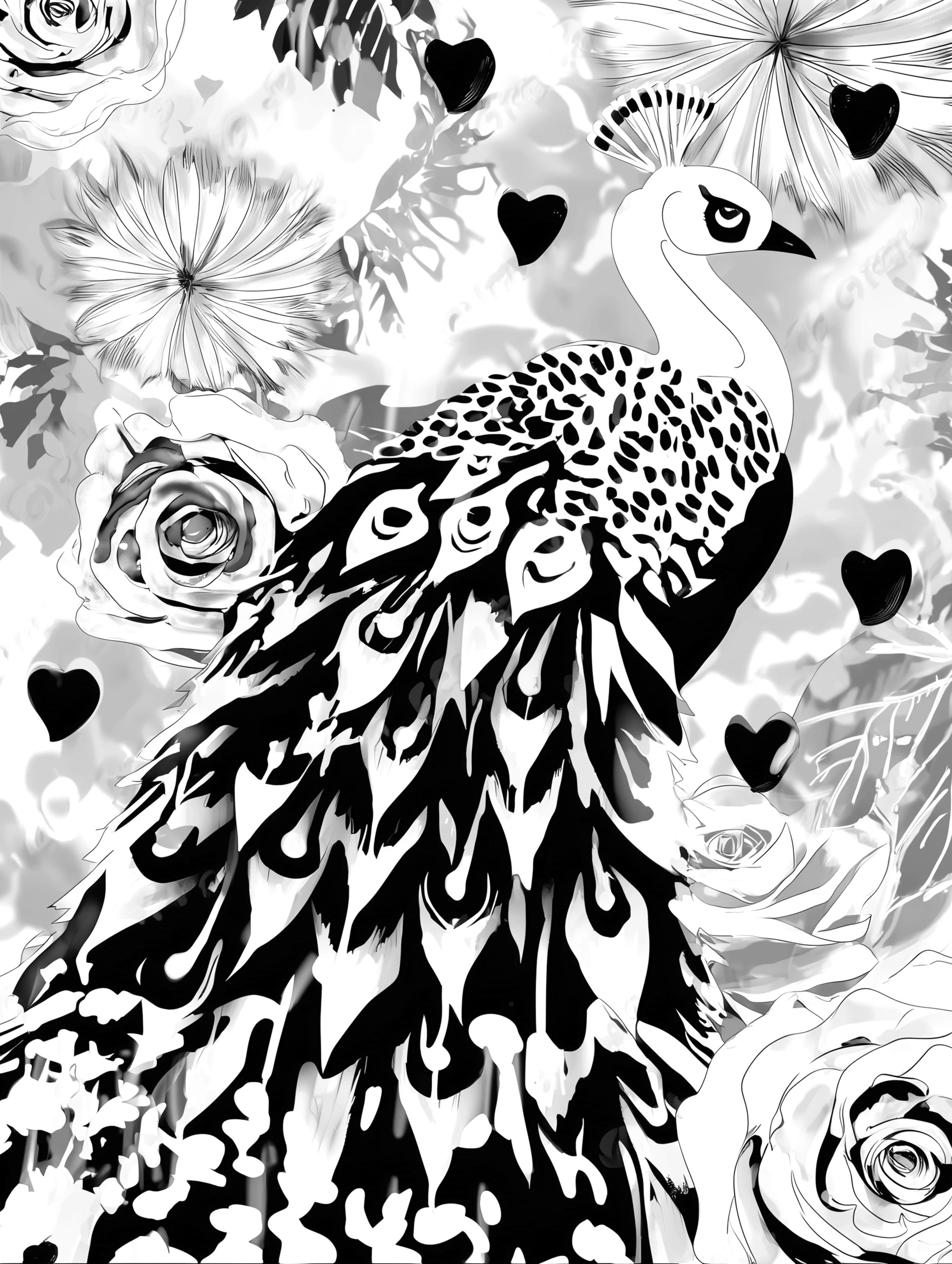Free printable coloring page of peacock for adults featuring long tail feathers peacock